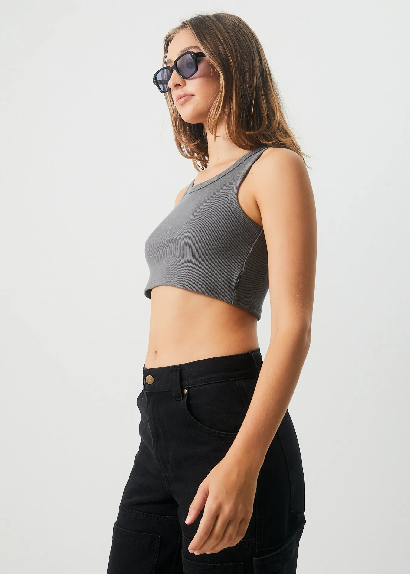 Afends Womens Chloe - Hemp Ribbed Crop Tank - Steel