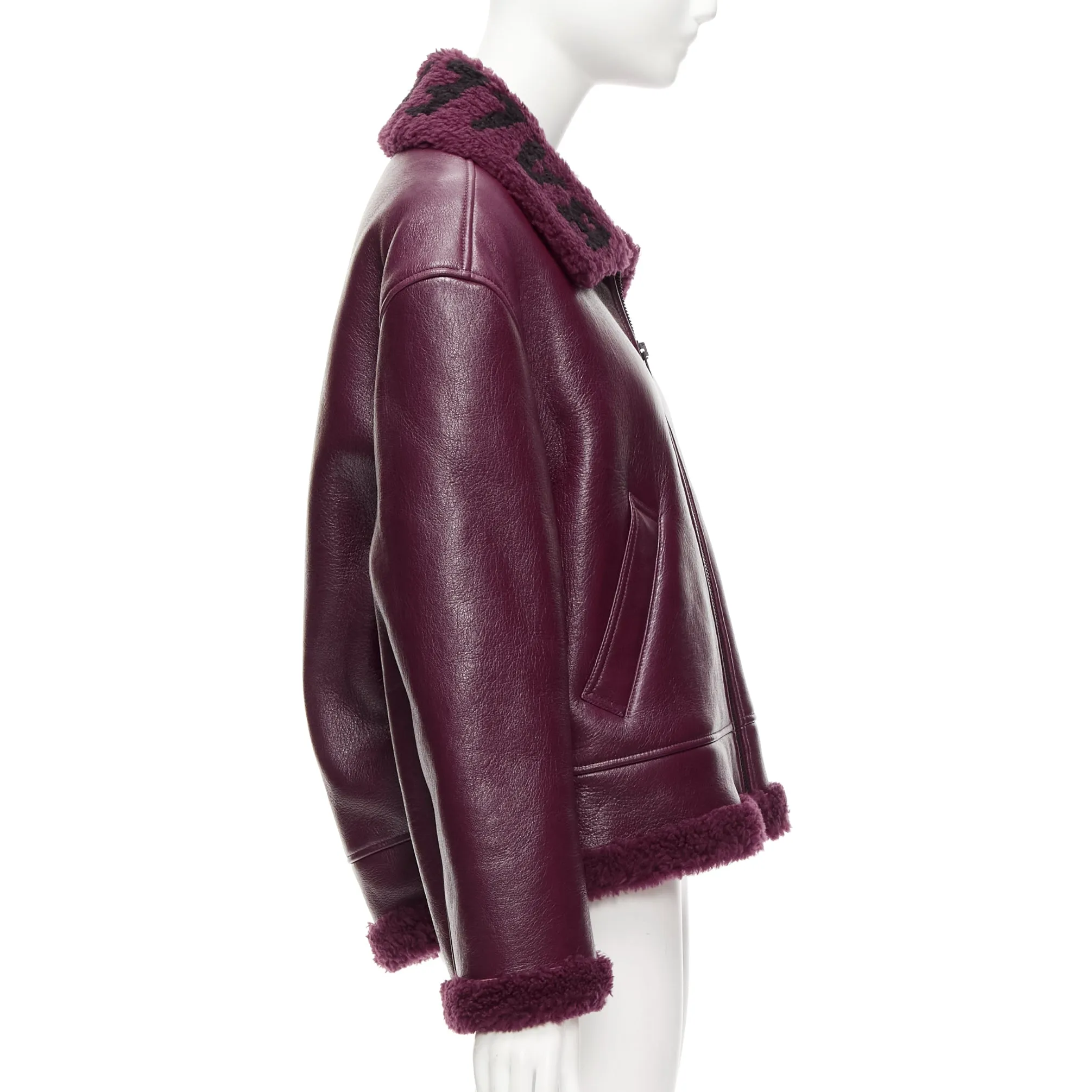 BALENCIAGA Demna 2020 burgundy logo shearling cocoon Bombardier jacket FR34 XS