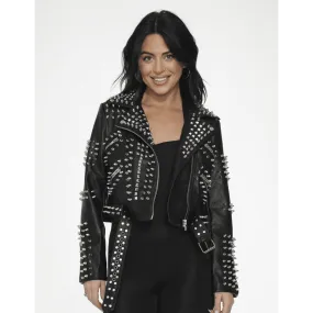 Black Leather Diamond & Spike Studded Moto Jacket