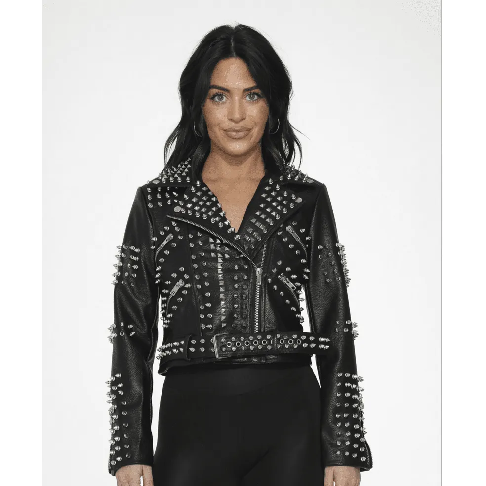 Black Leather Diamond & Spike Studded Moto Jacket