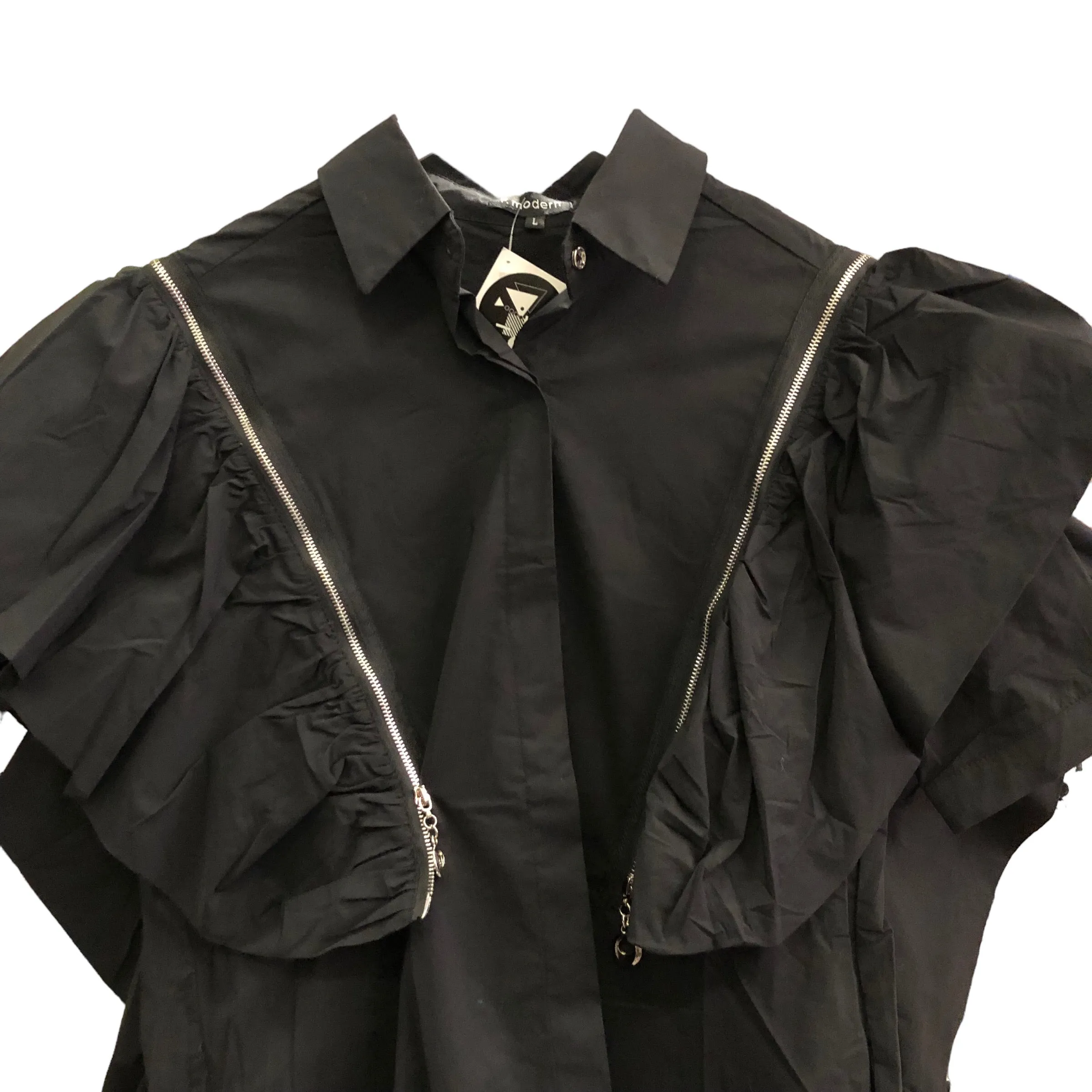 Black zipper ruffle button up Shirt