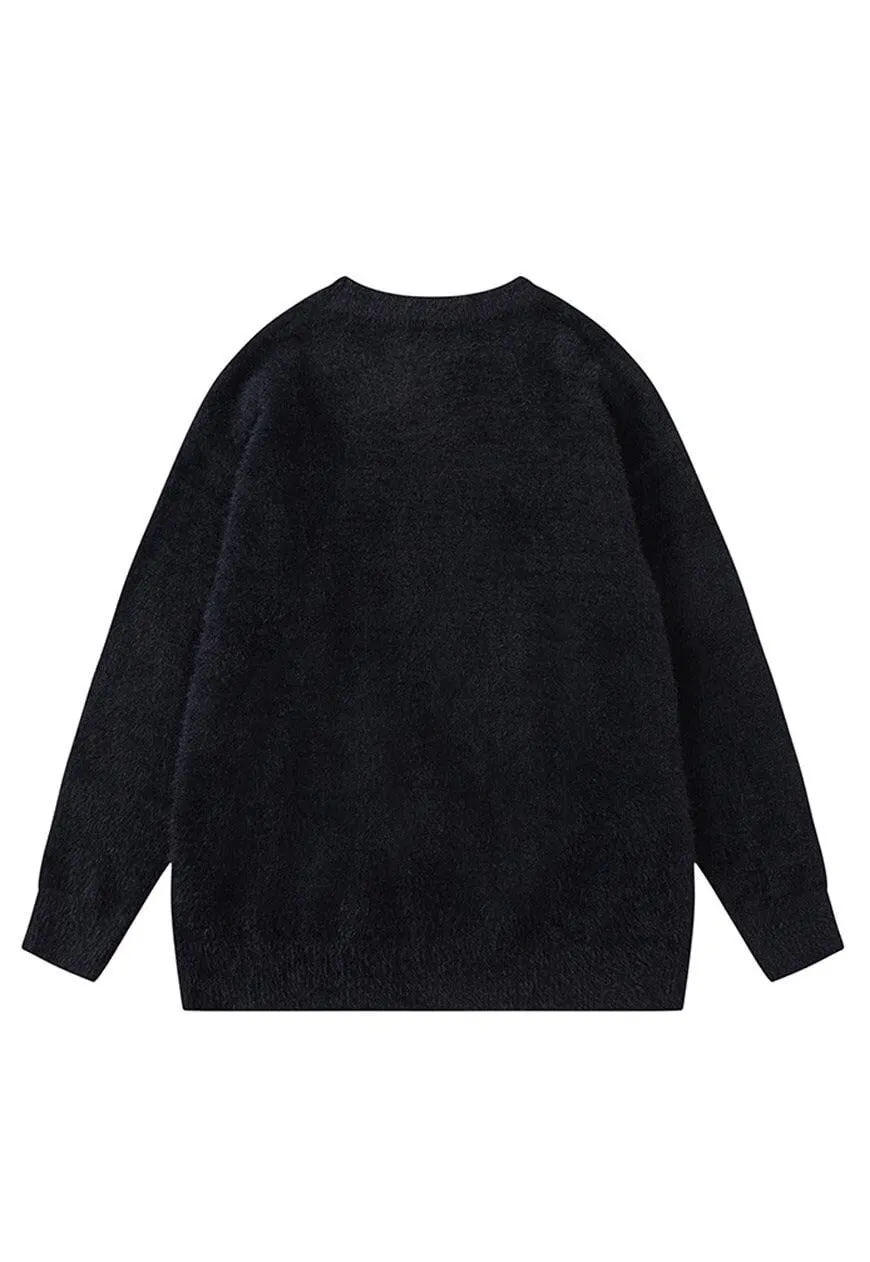 Cat print black yellow knitted kidcore jumper fluffy top