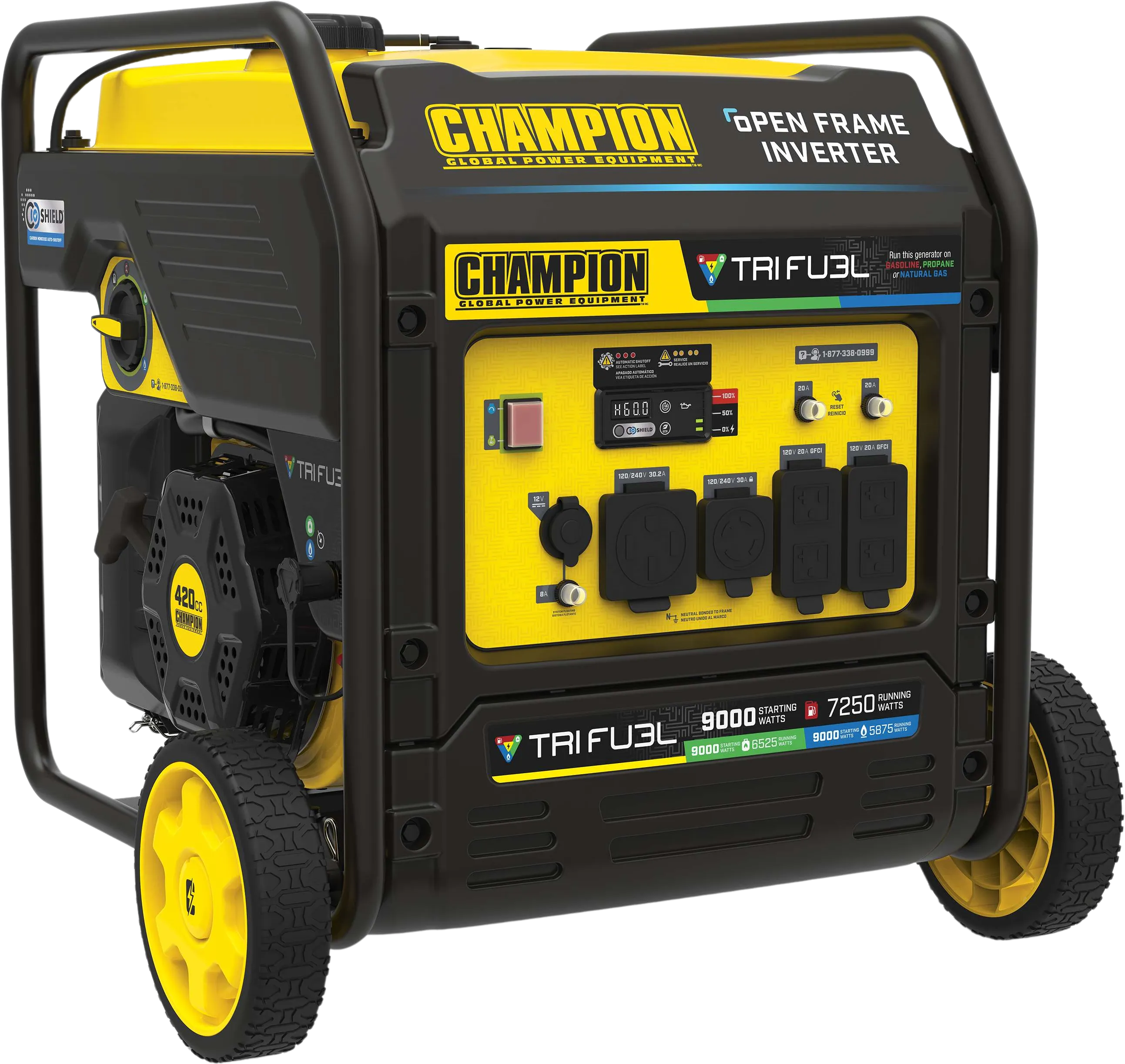 Champion 201176 7250W/9000W Generator Tri-Fuel Gas Propane Natural Gas Inverter Open Frame CO Shield Electric Start New
