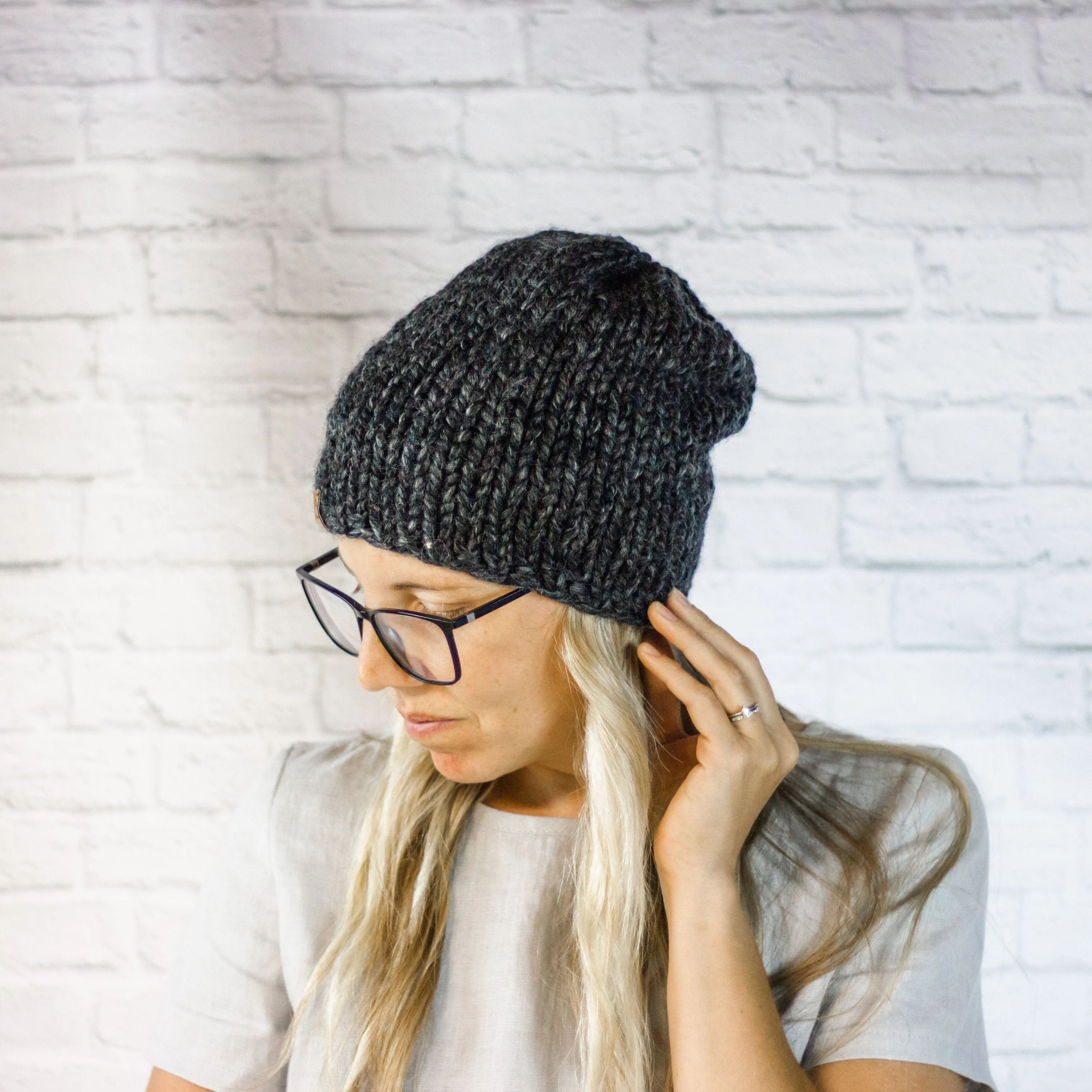 Charcoal Chunky Knit Slouch Beanie Hat, Womens Grey Slouchy Beanie Hat