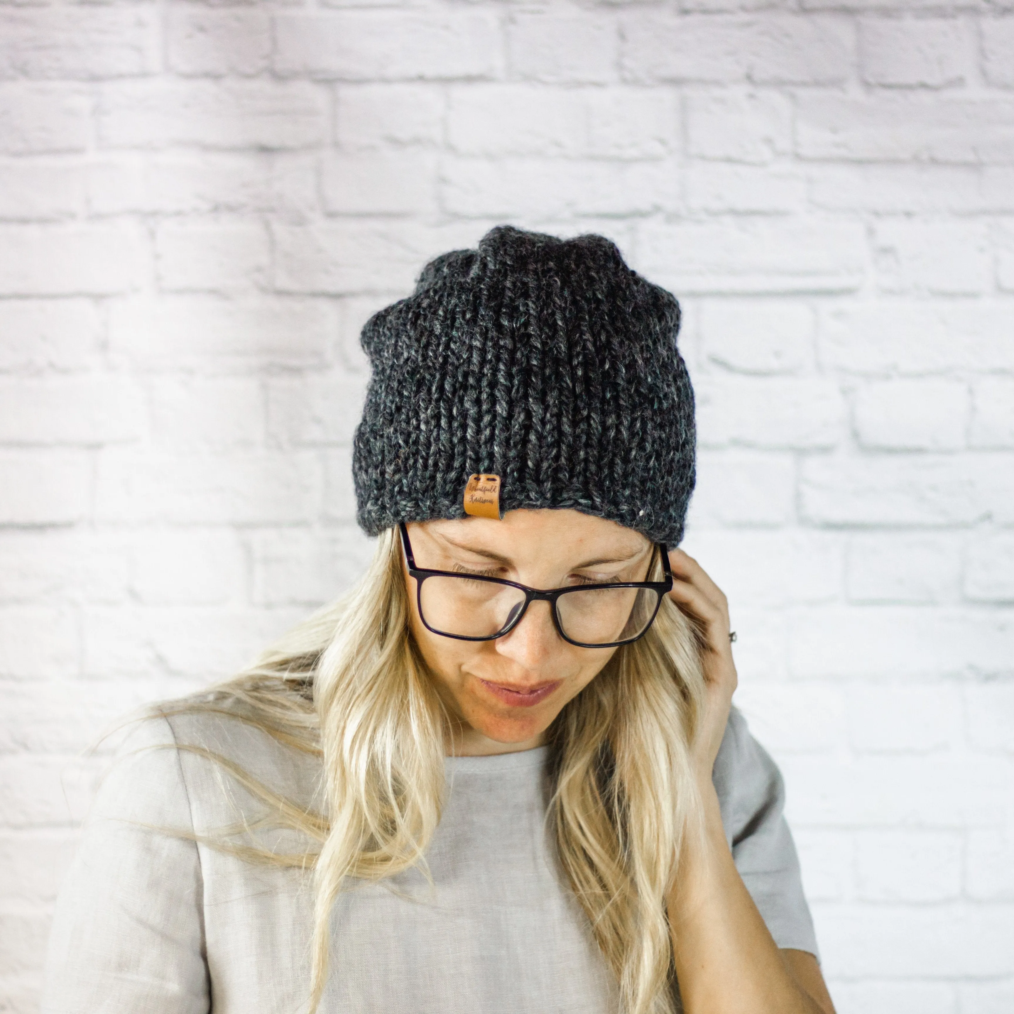 Charcoal Chunky Knit Slouch Beanie Hat, Womens Grey Slouchy Beanie Hat