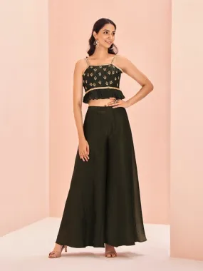Elegant Black Art Silk Hand Worked Crop Top And Palazzo Set