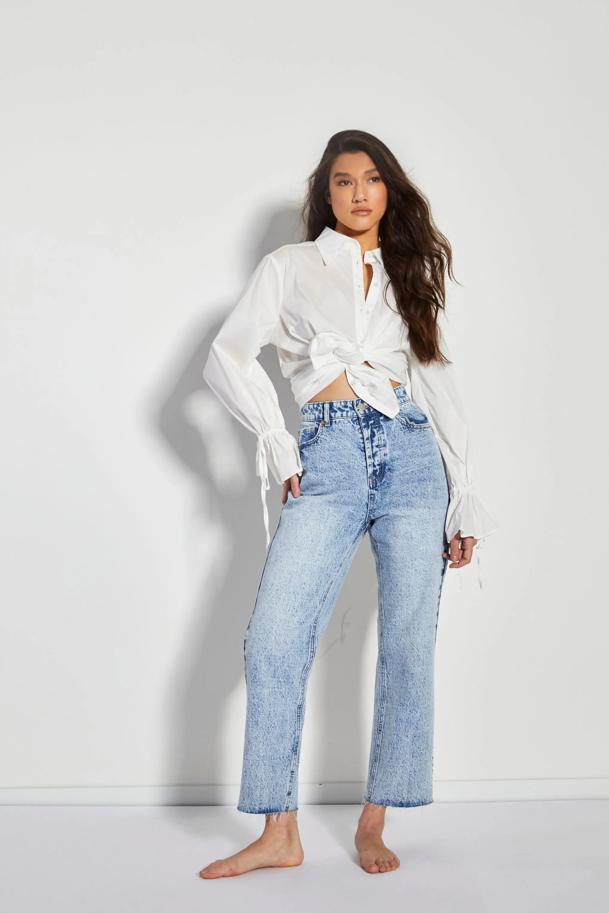 Glamorous Blue Acid Wash Cut Off Straight Leg Jeans
