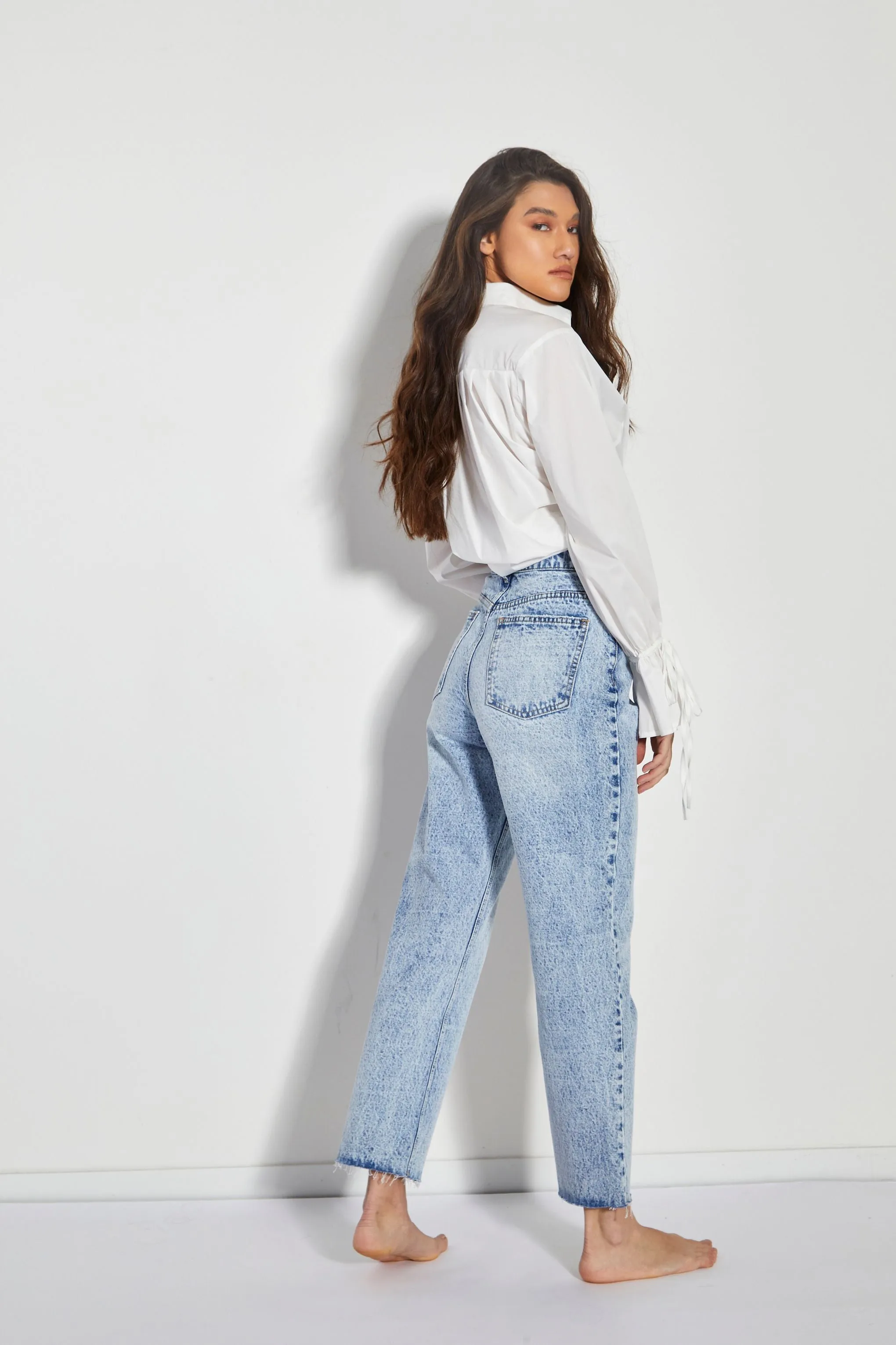 Glamorous Blue Acid Wash Cut Off Straight Leg Jeans