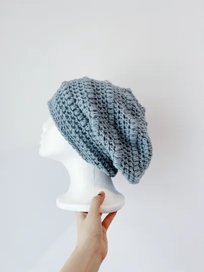 Handmade Dusty blue crochet Slouchy Beanie | Crochet Beret | Slouchy Hat in light blue | Knit beanie in blue purple | cozy winter beret hat