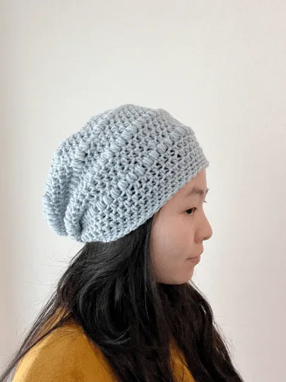 Handmade Dusty blue crochet Slouchy Beanie | Crochet Beret | Slouchy Hat in light blue | Knit beanie in blue purple | cozy winter beret hat