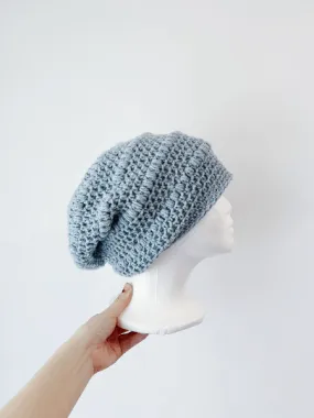 Handmade Dusty blue crochet Slouchy Beanie | Crochet Beret | Slouchy Hat in light blue | Knit beanie in blue purple | cozy winter beret hat