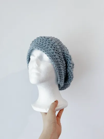 Handmade Dusty blue crochet Slouchy Beanie | Crochet Beret | Slouchy Hat in light blue | Knit beanie in blue purple | cozy winter beret hat
