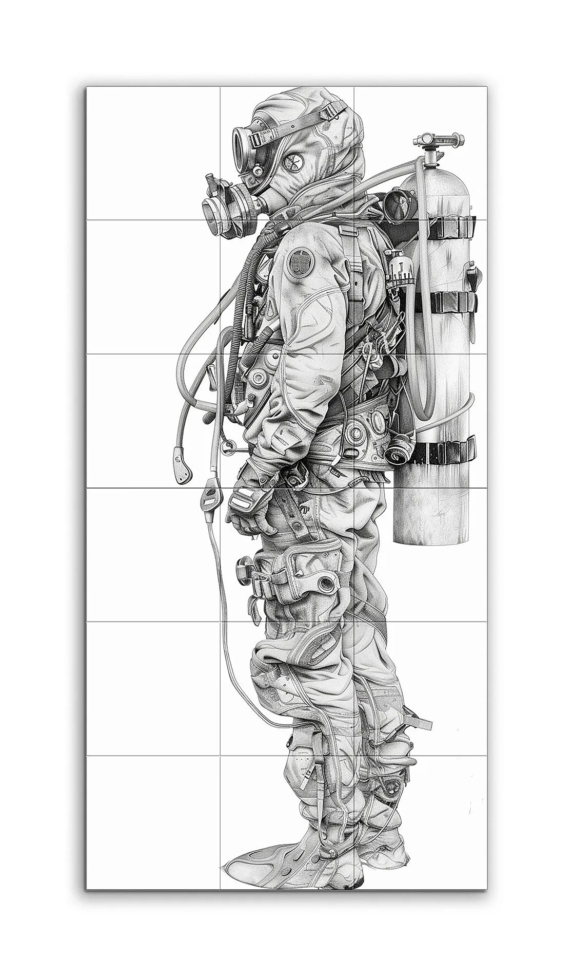 Intricate Diver-Astronaut Monochrome Illustration