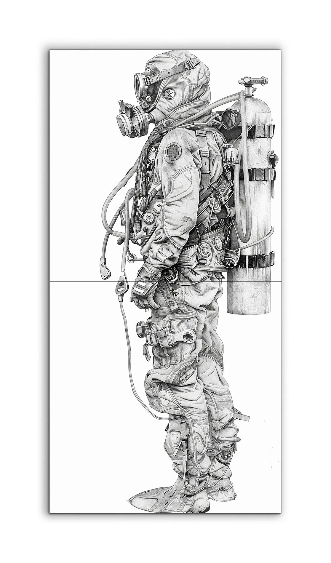 Intricate Diver-Astronaut Monochrome Illustration