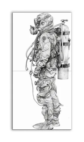 Intricate Diver-Astronaut Monochrome Illustration