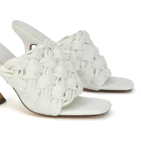 Jaci Woven Sandal Strap Square Toe Sculptured Flared Low mid High Heel Mules in White Synthetic Leather