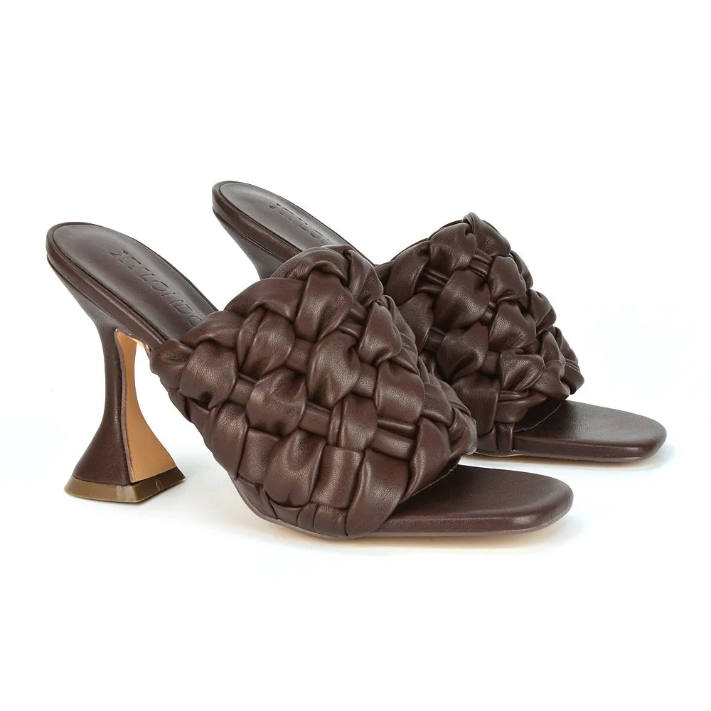Jaci Woven Sandal Strap Square Toe Sculptured Flared Low mid High Heel Mules in White Synthetic Leather