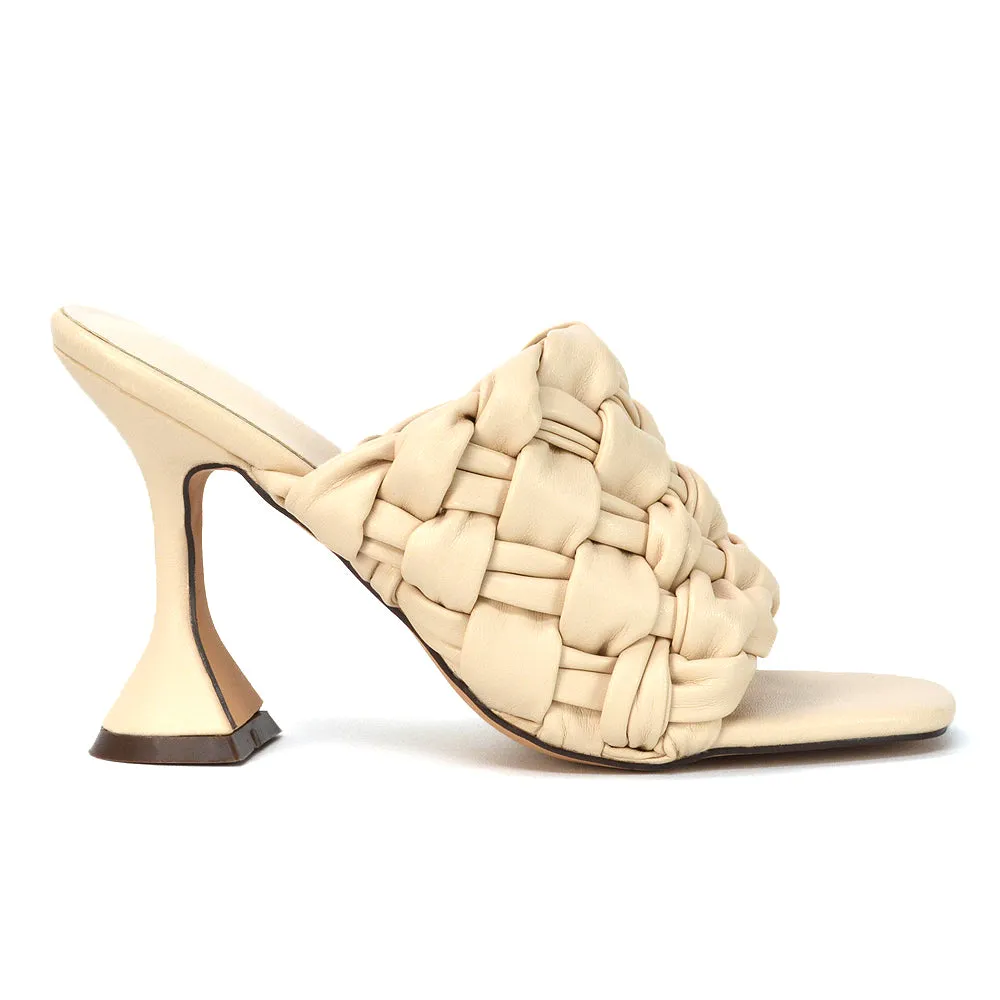 Jaci Woven Sandal Strap Square Toe Sculptured Flared Low mid High Heel Mules in White Synthetic Leather
