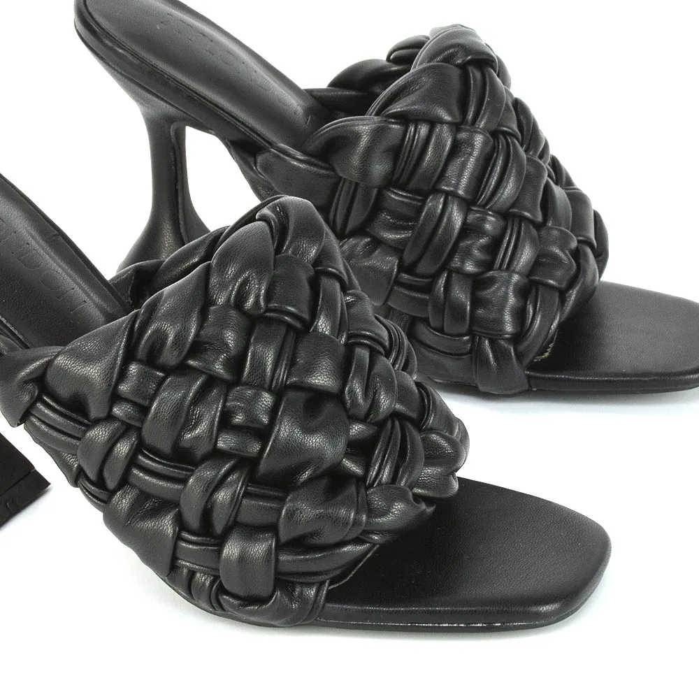 Jaci Woven Sandal Strap Square Toe Sculptured Flared Low mid High Heel Mules in White Synthetic Leather