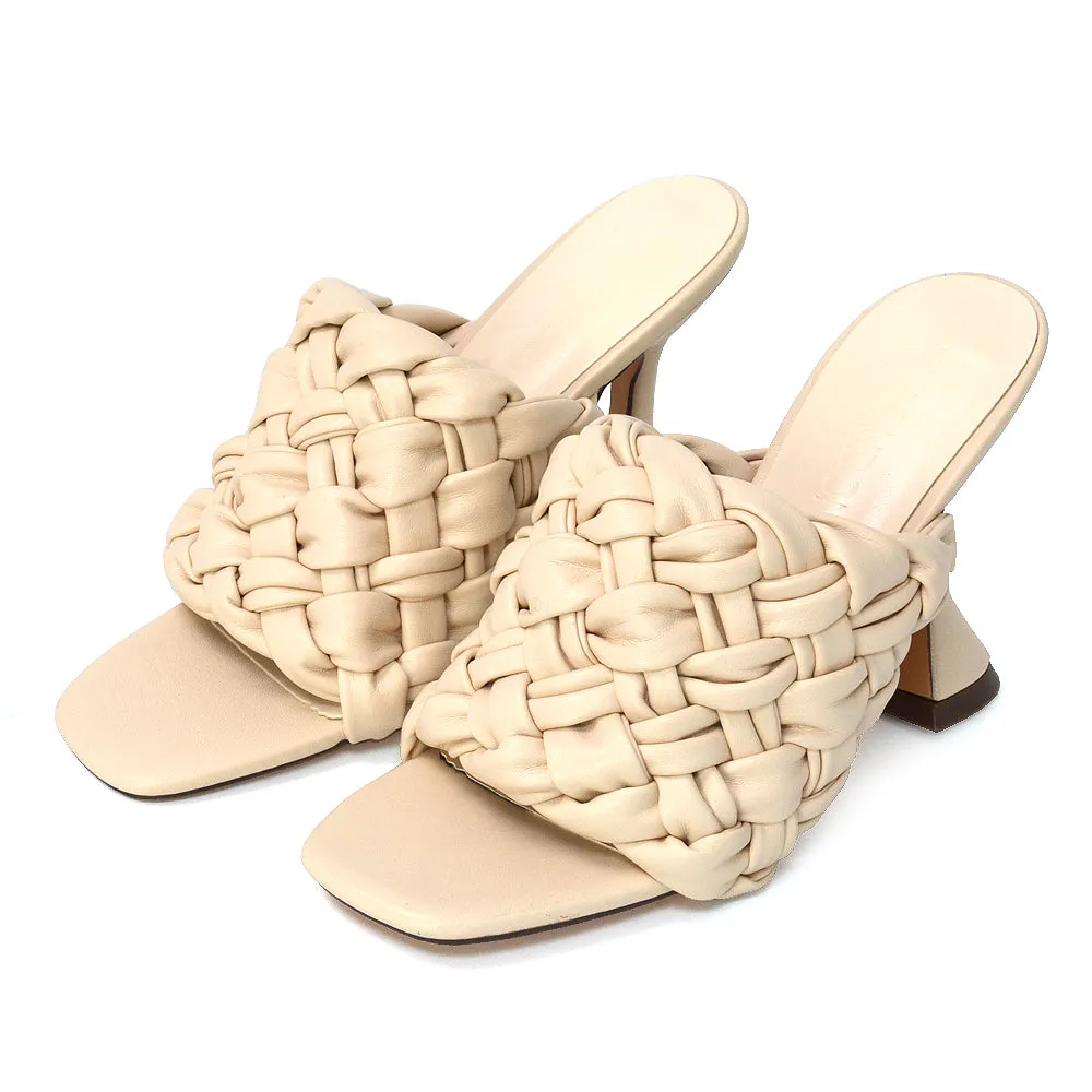 Jaci Woven Sandal Strap Square Toe Sculptured Flared Low mid High Heel Mules in White Synthetic Leather