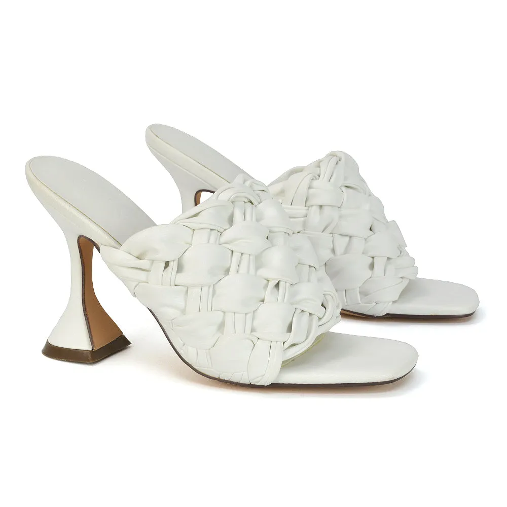 Jaci Woven Sandal Strap Square Toe Sculptured Flared Low mid High Heel Mules in White Synthetic Leather