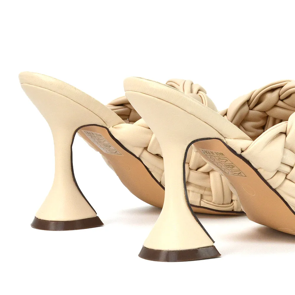 Jaci Woven Sandal Strap Square Toe Sculptured Flared Low mid High Heel Mules in White Synthetic Leather