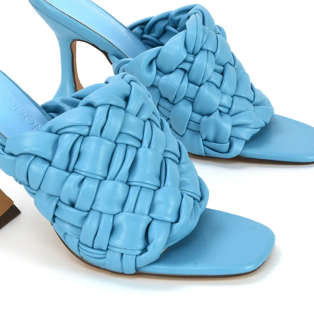 Jaci Woven Sandal Strap Square Toe Sculptured Flared Low mid High Heel Mules in White Synthetic Leather