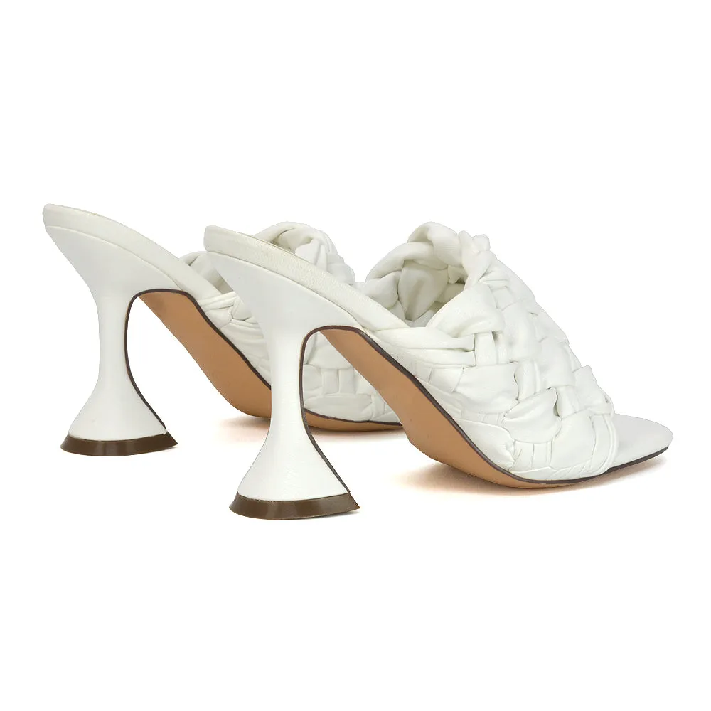 Jaci Woven Sandal Strap Square Toe Sculptured Flared Low mid High Heel Mules in White Synthetic Leather
