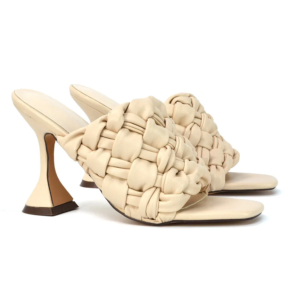 Jaci Woven Sandal Strap Square Toe Sculptured Flared Low mid High Heel Mules in White Synthetic Leather