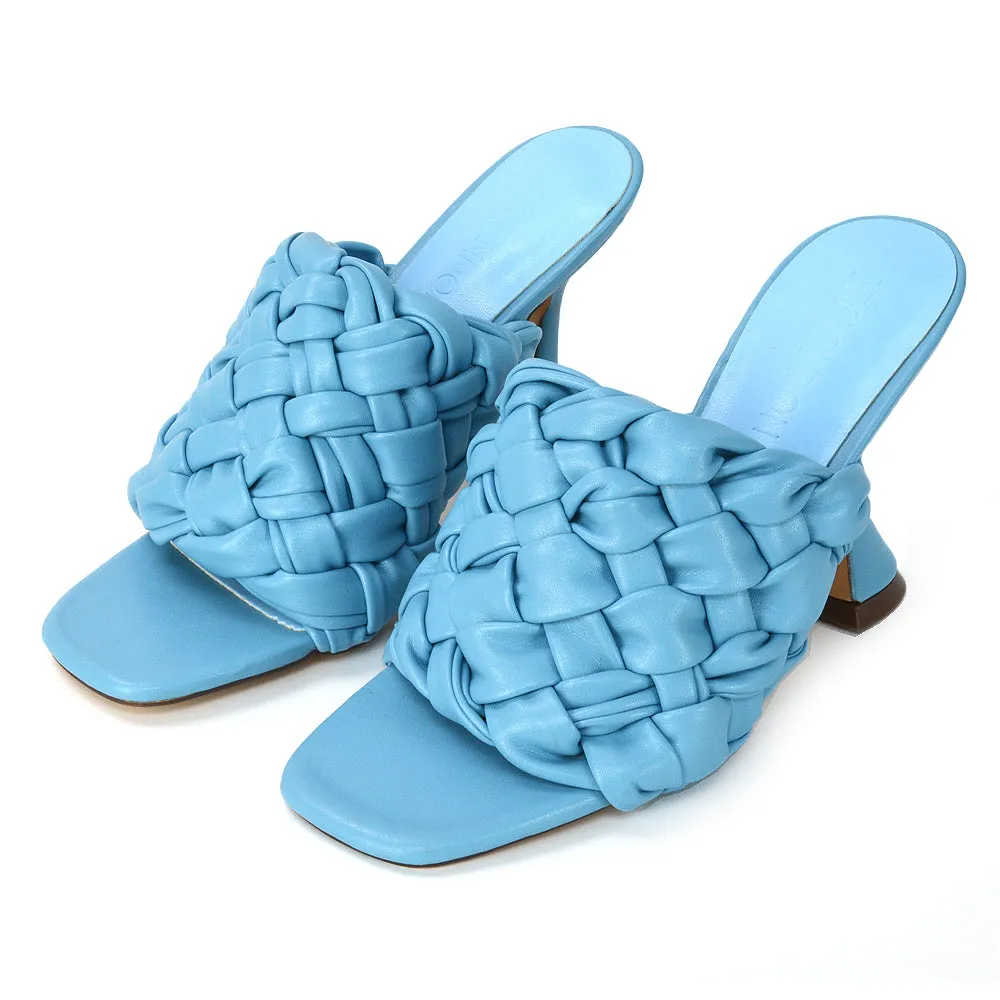 Jaci Woven Sandal Strap Square Toe Sculptured Flared Low mid High Heel Mules in White Synthetic Leather