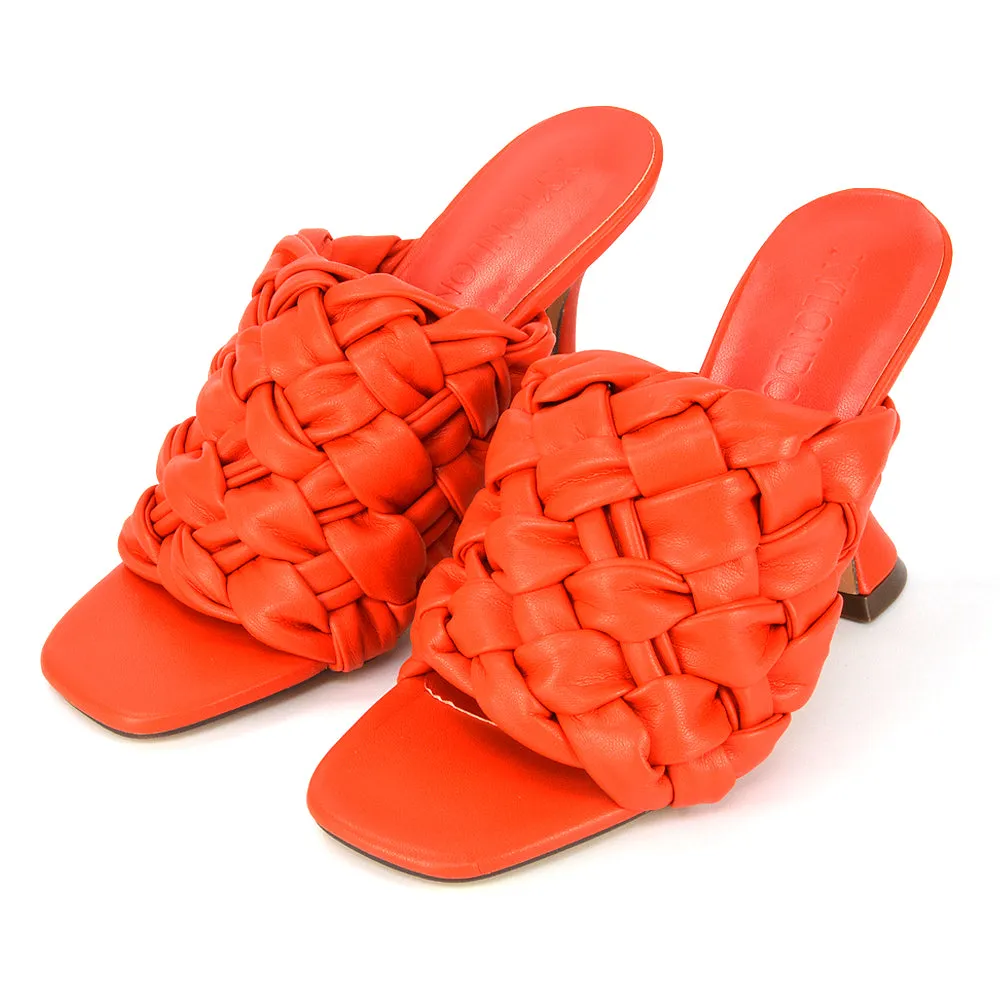 Jaci Woven Sandal Strap Square Toe Sculptured Flared Low mid High Heel Mules in White Synthetic Leather