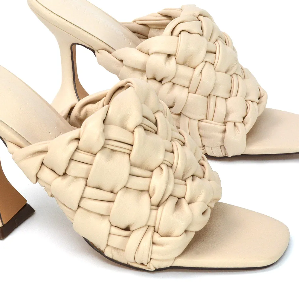 Jaci Woven Sandal Strap Square Toe Sculptured Flared Low mid High Heel Mules in White Synthetic Leather