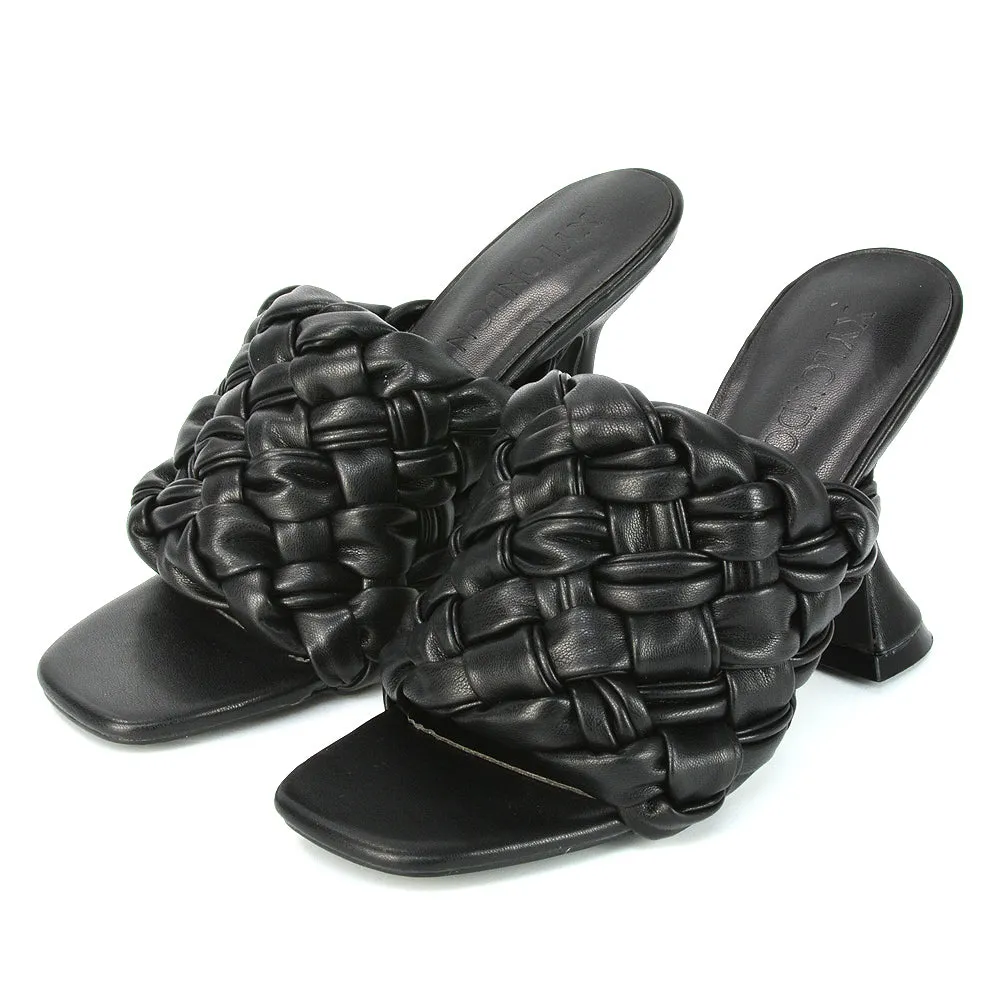 Jaci Woven Sandal Strap Square Toe Sculptured Flared Low mid High Heel Mules in White Synthetic Leather
