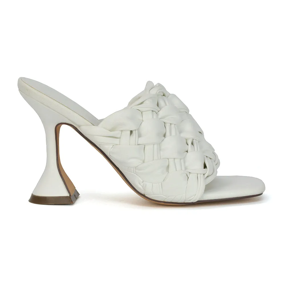 Jaci Woven Sandal Strap Square Toe Sculptured Flared Low mid High Heel Mules in White Synthetic Leather