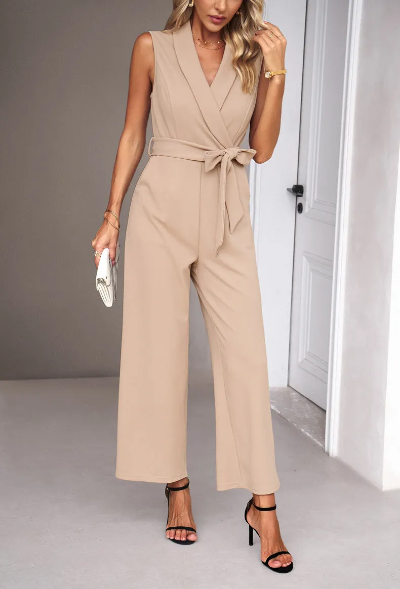 Khaki  Casual Loose Vest Sleeveless V-Neck Jumpsuit