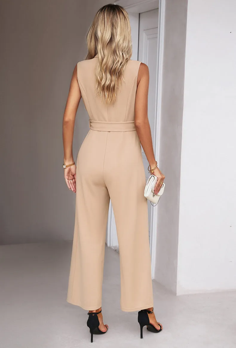 Khaki  Casual Loose Vest Sleeveless V-Neck Jumpsuit