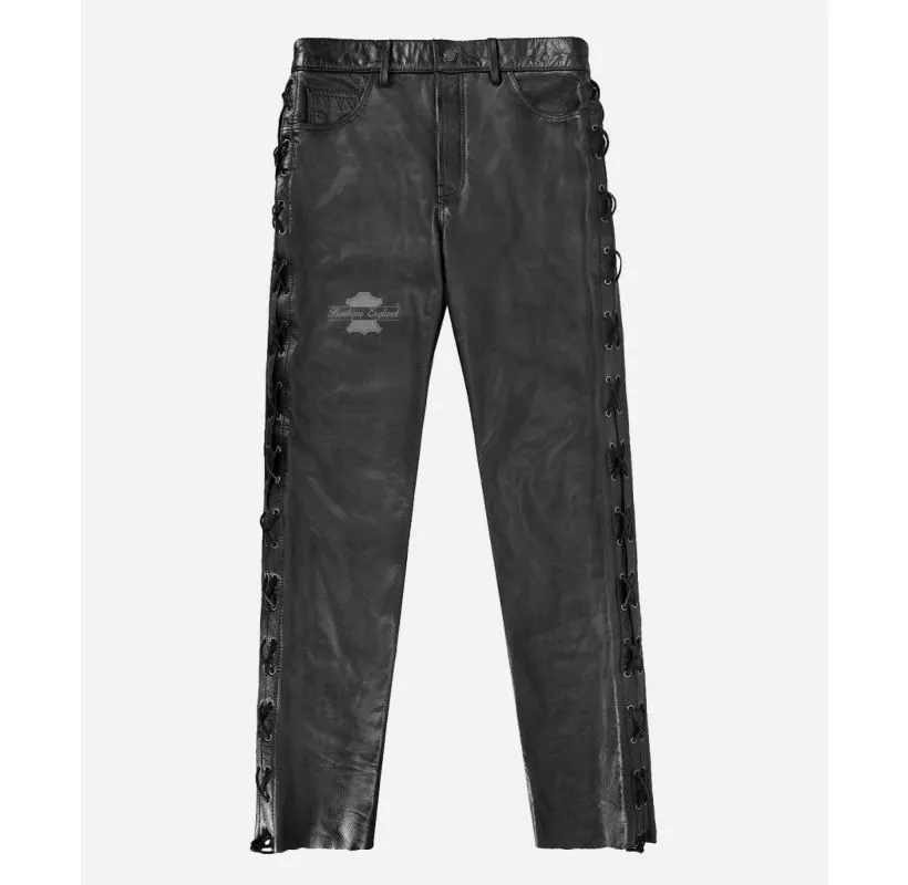 Laced Leather Pants Men's Black Cowhide Laced Biker Trouser Pants