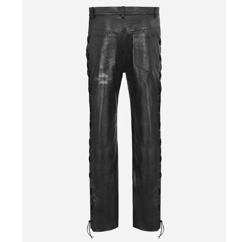 Laced Leather Pants Men's Black Cowhide Laced Biker Trouser Pants