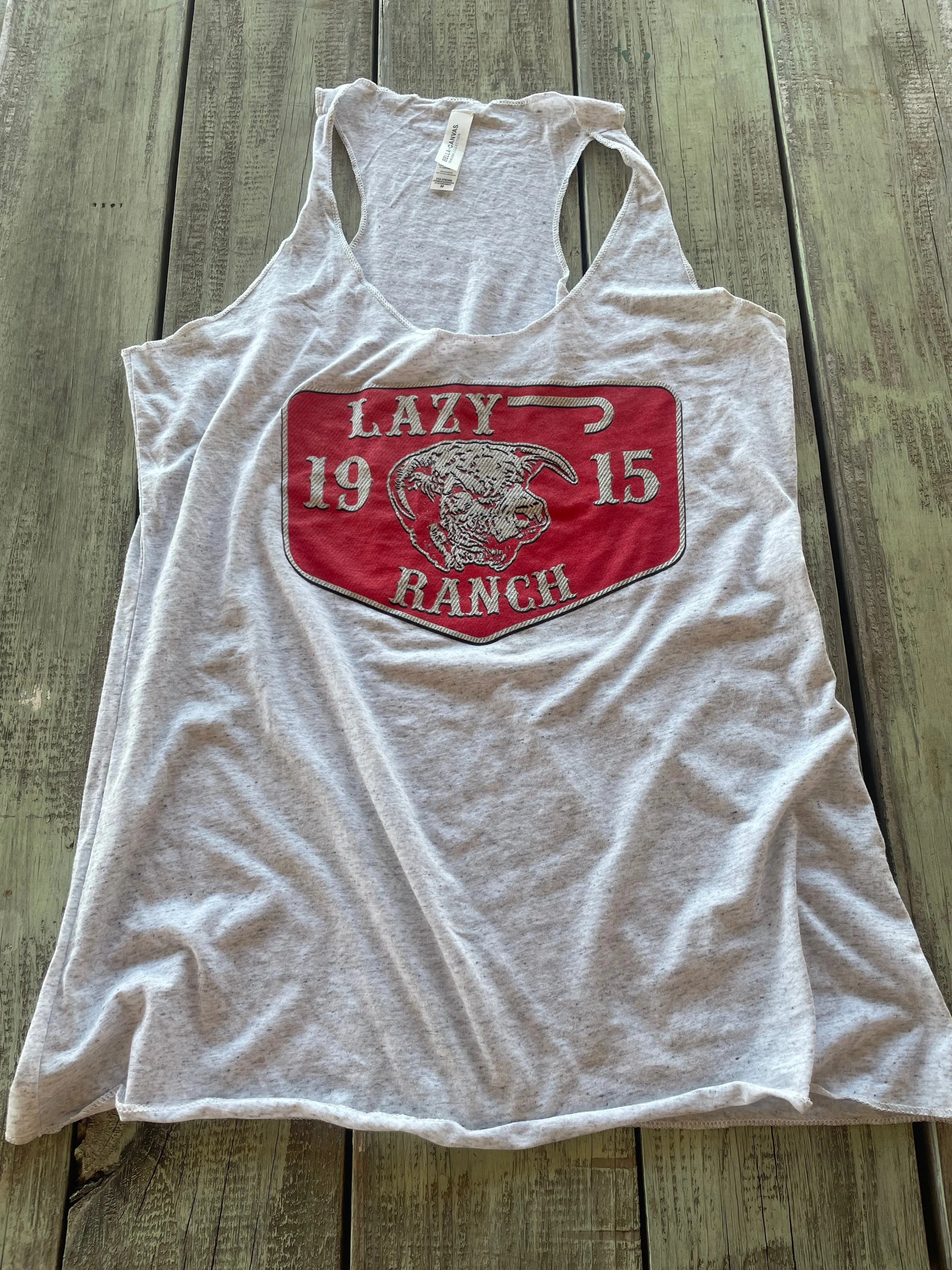 Lazy J Ranch Women's Red Ranch Logo Racerback Tank Top - White Fleck