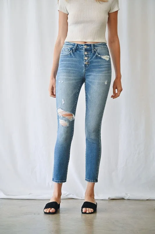 MID RISE ANKLE SKINNY WITH BUTTON UP DENIM JEANS | MICA - Final Sale