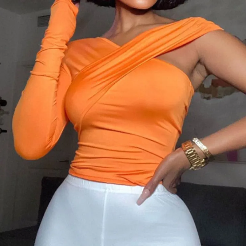 One Shoulder Long Sleeve Wrap Shirt