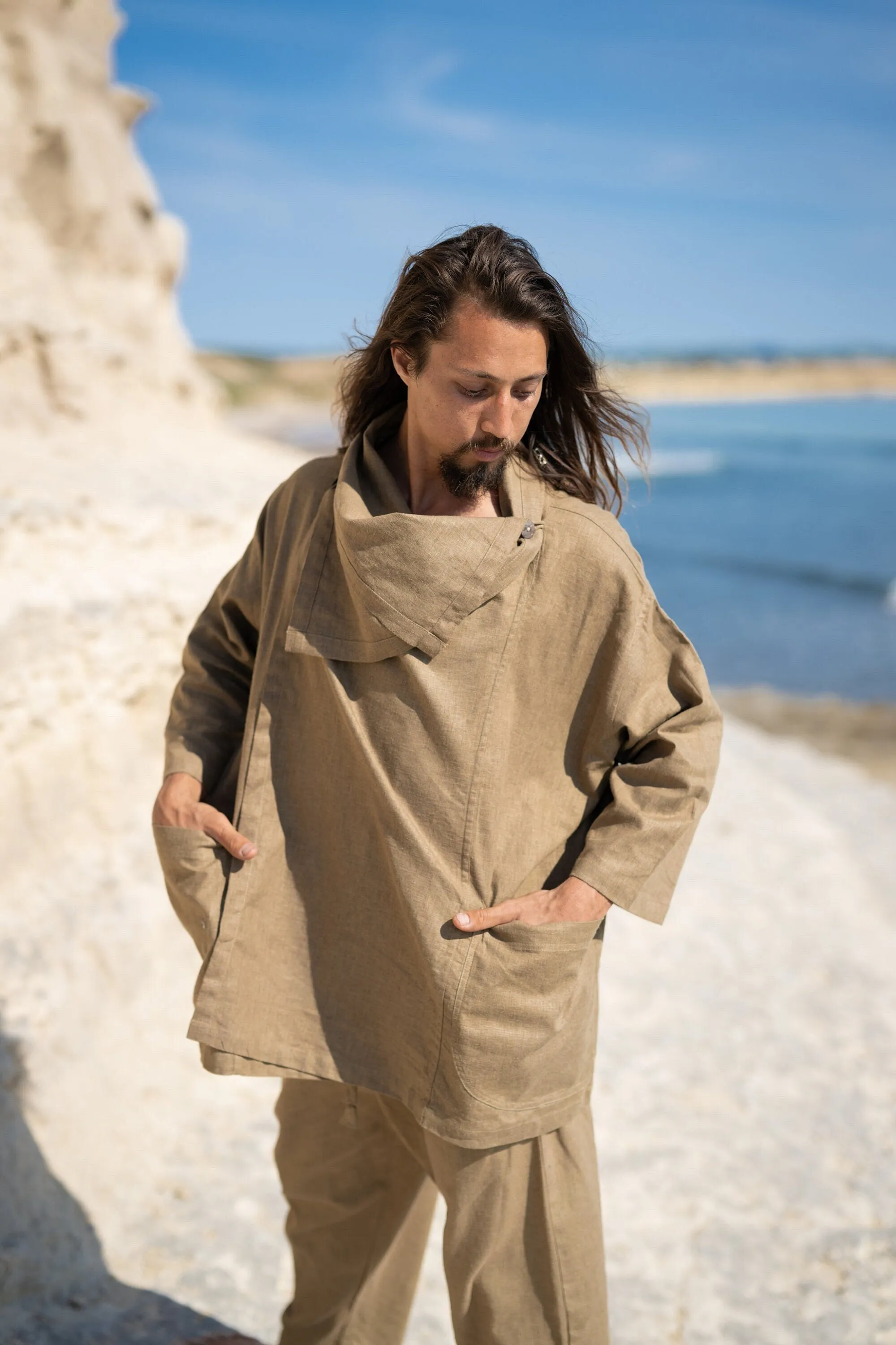 PAKEHA Olive Green Organic Hemp Top Shirt Collar Minimalist Herbal Dyed Pockets Festival Ceremony Ritual Sustainable Eco Friendly AJJAYA
