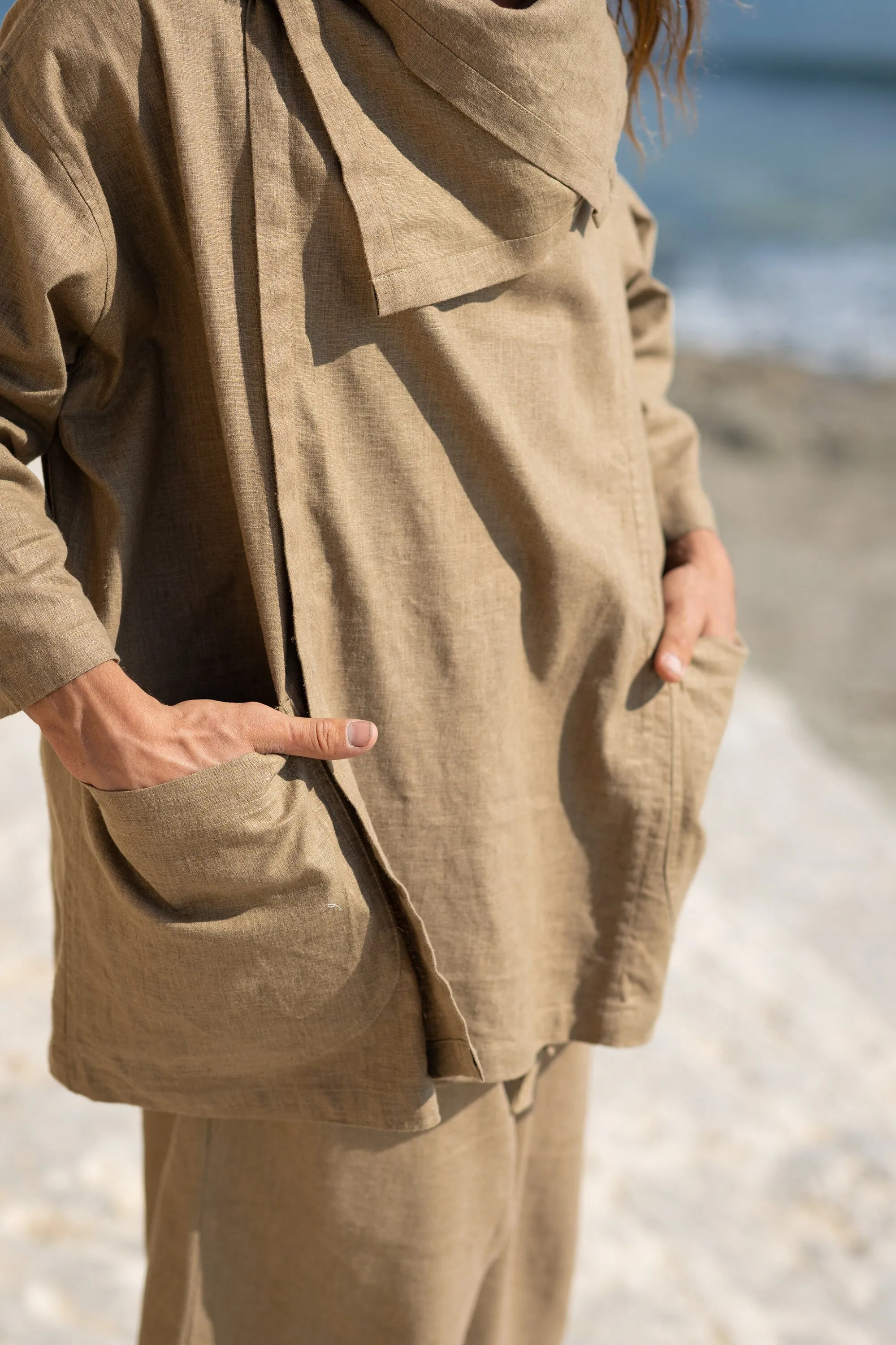 PAKEHA Olive Green Organic Hemp Top Shirt Collar Minimalist Herbal Dyed Pockets Festival Ceremony Ritual Sustainable Eco Friendly AJJAYA