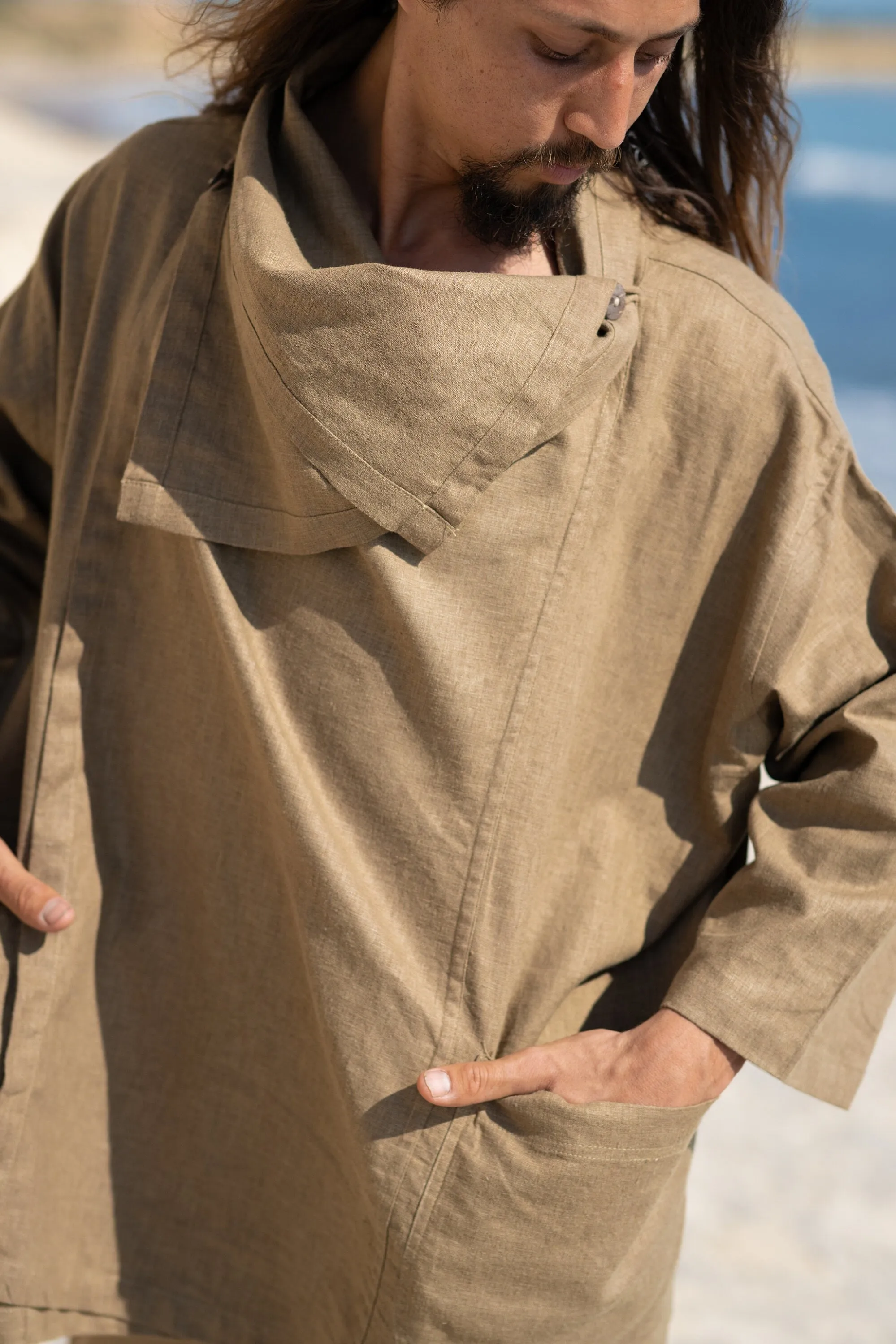 PAKEHA Olive Green Organic Hemp Top Shirt Collar Minimalist Herbal Dyed Pockets Festival Ceremony Ritual Sustainable Eco Friendly AJJAYA