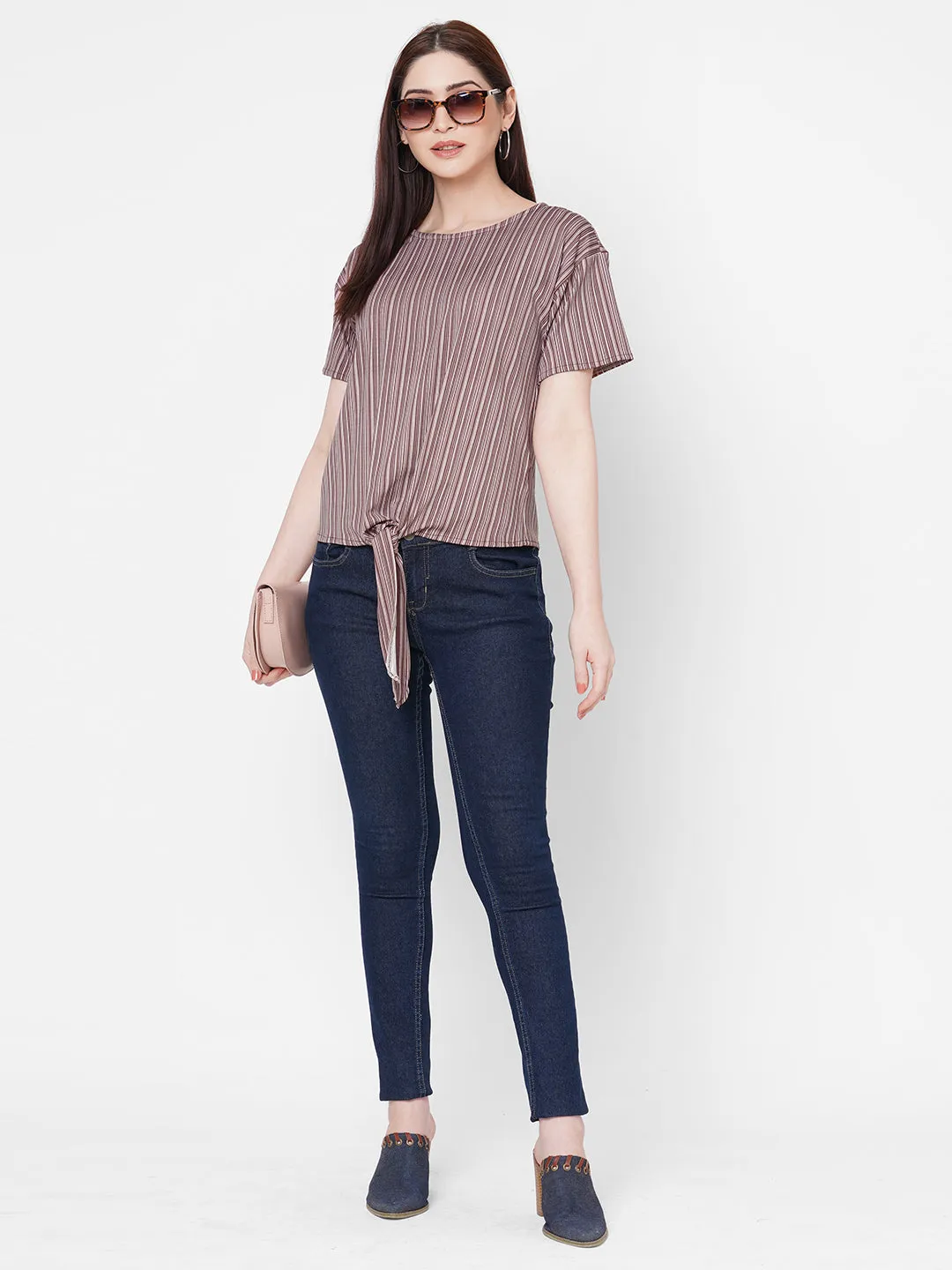 Purple Stripes Top With Front Knot