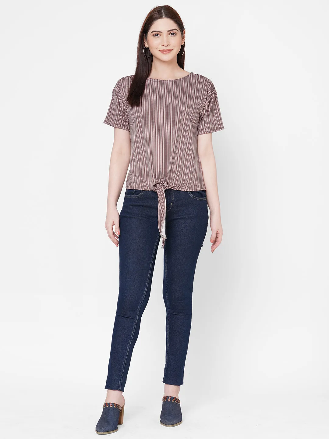 Purple Stripes Top With Front Knot