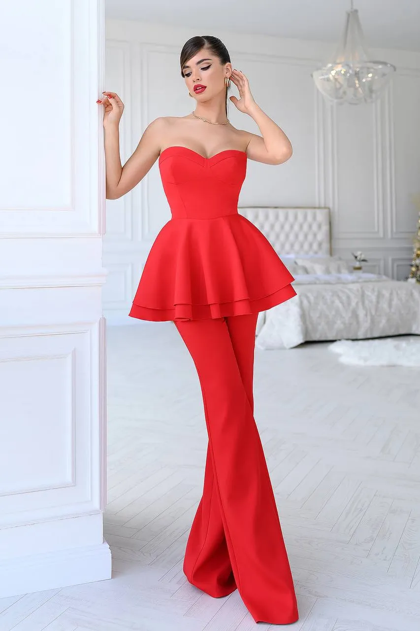 Red Sweetheart Peplum Top & Flared Pants 2-Piece Set