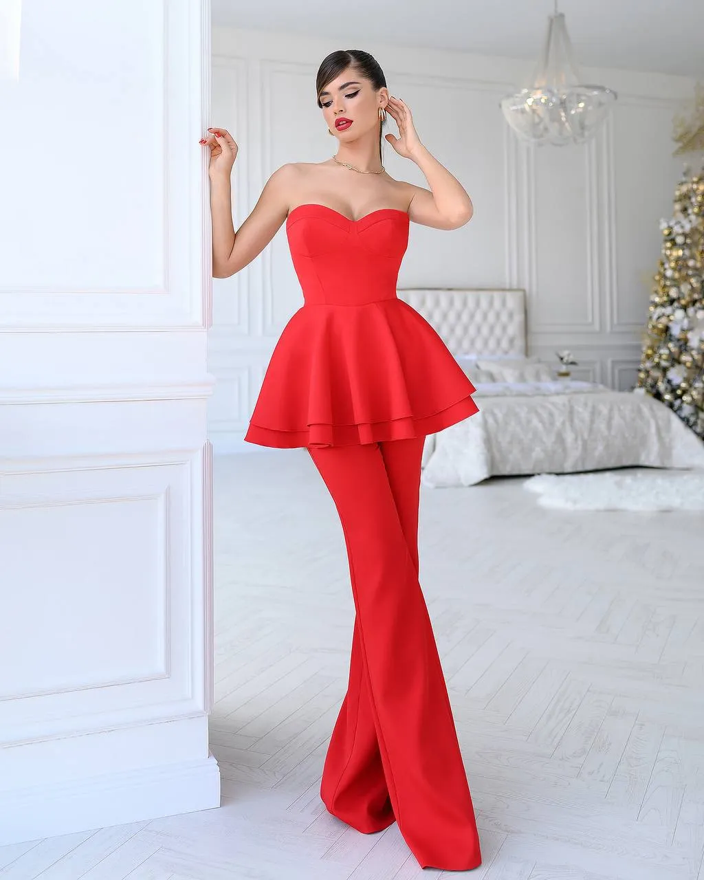 Red Sweetheart Peplum Top & Flared Pants 2-Piece Set