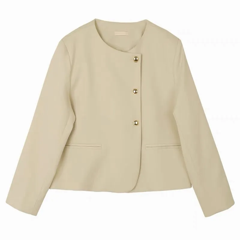 Round Neck Collarless Jacket with Side Buttons