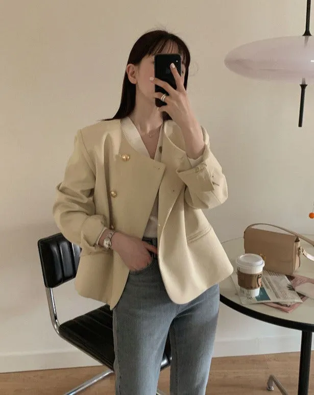 Round Neck Collarless Jacket with Side Buttons